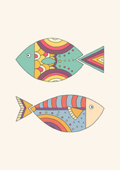 Two ornamental fish in the style of doodle. Vector