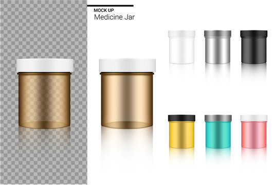 Mock up Realistic Medicine Jar or Cosmetic Set Template with black, Transparent Amber, Silver, Rose gold, Blue and Yellow Colour on White Background Illustration