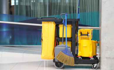 Closeup of janitorial, cleaning equipment and tools for floor cleaning.