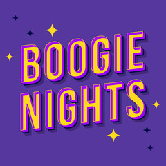 Boogie nights vintage 3d vector lettering. Retro bold font, typeface. Pop art stylized text. Old school style letters. 90s, 80s poster, banner, t shirt typography design. Purple color background