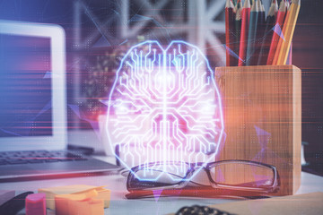 Brain drawings with glasses on the table background. Double exposure.
