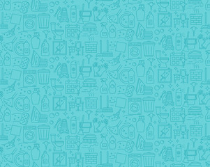 Cleaning service linear icons vector seamless pattern. Household background. Housekeeping line items blue texture. Cleaning housework products. Wallpaper, textile design