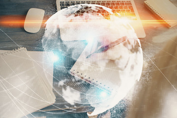 International business hud over woman's hands writing background. Concept of hard work. Double...