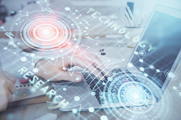 Businessman working on Laptop with technology theme drawing. Concept of big data. Double exposure.