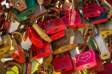 Closeup of love lockers at famous bridge "Makartsteg" in Salzburg, Austria