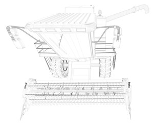 Thin contoured, detailed 3D scheme of agricultural combine harvester with harvest pipe isolated, farming equipment research concept - industrial 3D illustration