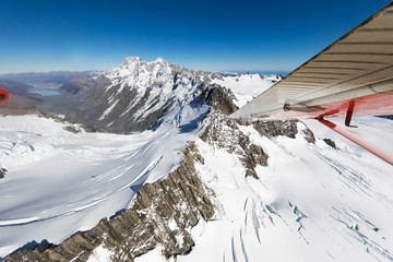 Aerial view of snow covered Mt. Cook / Aoraki in New Zealand's South Island