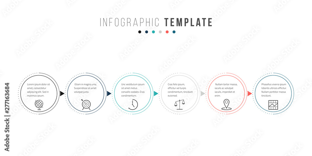 Poster business infographics timeline design template with icons and 6 steps. can be used for workflow layo