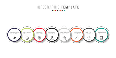 Business infographics timeline design template with icons and 8 steps. Can be used for workflow layout, diagram, annual report, web design