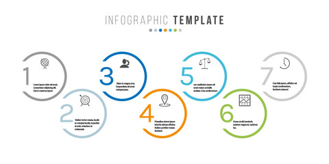 Business infographics timeline design template with icons and 7 steps. Can be used for workflow layout, diagram, annual report, web design