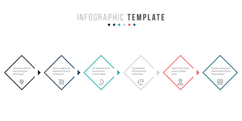 Business infographics timeline design template with icons and 6 steps. Can be used for workflow layout, diagram, annual report, web design