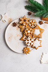 Christmas gingerbread background cookies with fir, pine, on white texture happy new year holiday concept
