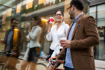 Loving couple walking, smiling having fun in the city
