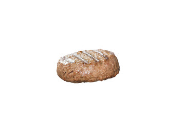 Grilled toasted organic meat patty for making a burger or cheeseburger on an isolated white background