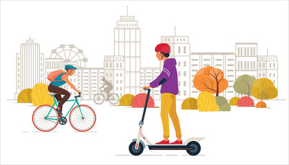 Young people ride an electric scooter and bike in the city background