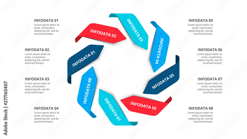 Poster Slide with eight arrows. Concept of cycle business process with 8 options. Flat vector illustration for data visualization and analysis. Modern infographic design template.