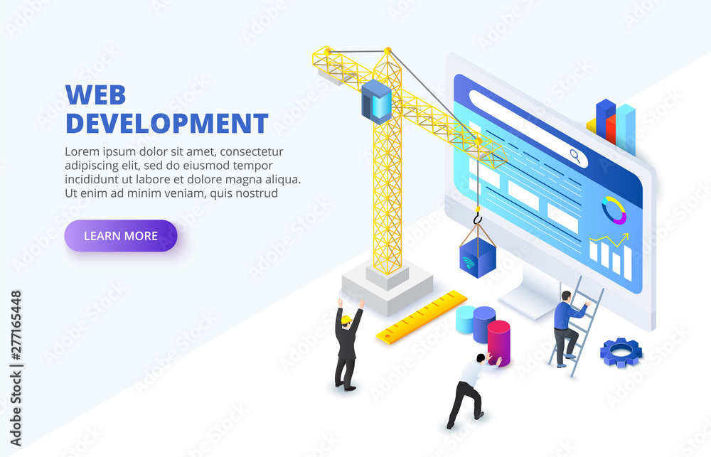 Poster Isometric concept with character. Team at project development, template for developer. Coding develop, programmer at computer. Flat vector illustration