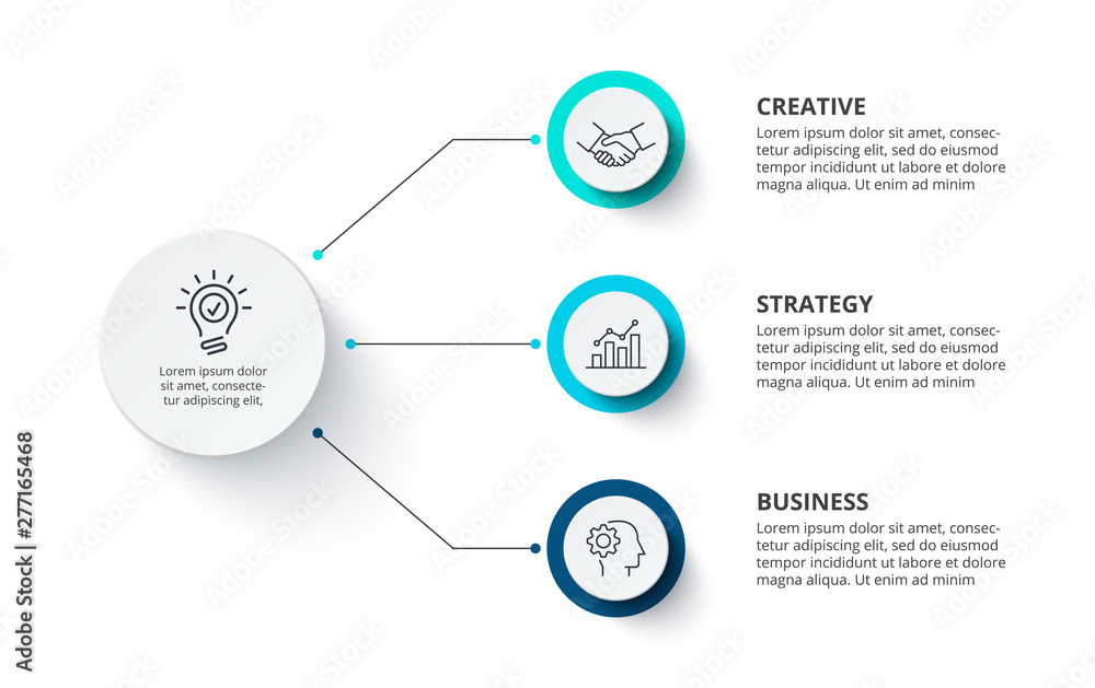 Poster White circle connected by thin lines with three color circles. Creative concept for infographic with 3 options