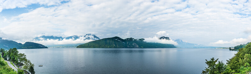 Panorama of the lake and mountains of the Alps in Switzerland.