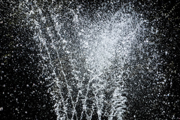 Water sprays and splashes on black background. Jets and drops of fountain isolated image