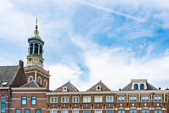 historical gate with carillon, called Nieuw Toren, in Kampen, The Netherlands. Blue sky, space for text