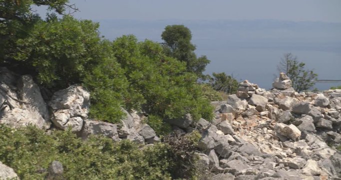 Pan over karst and macchia with mediterranean sea 