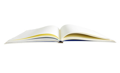 Note book opened up on white background.
