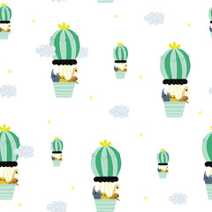 Seamless pattern with wild animals in hot air balloon. Funny kids print. Vector hand drawn illustration.