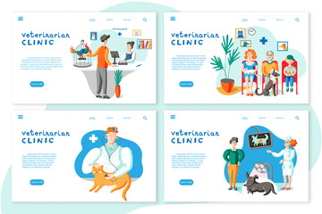 Veterinarian clinic landing page layouts. Owners with pets in vet clinic illustrations set