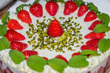 Nahaufnahme einer Erdbeersahnetorte garniert mit frischen Erdbeeren, Deutschland