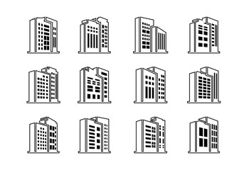 Fototapeta premium Line Perspective company icons and black vector buildings set, Isolated office collection on white background