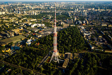 Aerial view Kiev TV Tower in the middle of the park
