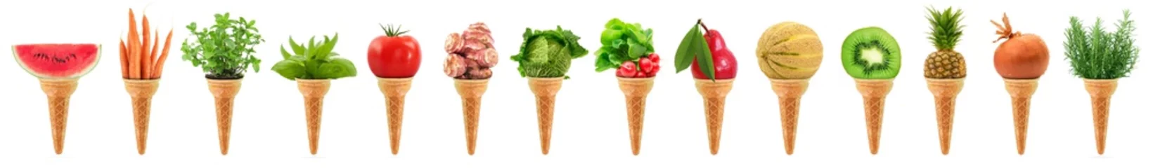 Printed kitchen splashbacks Fresh vegetables Delicious ice cream cone long collage