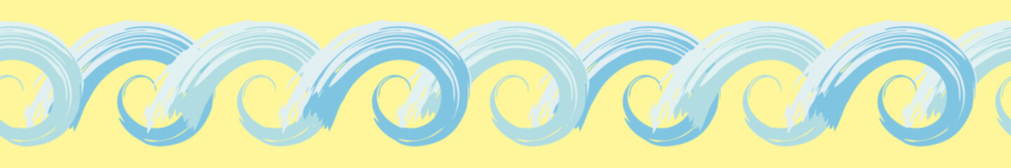 Hand drawn blue stylised ocean wave border with painterly effect. Seamless geometric vector pattern on sunny yellow background. Great for marine themed products, wellness, beauty, stationery, bathroom