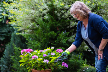 Blonde Frau arbeitet im Garten mit Blumen und Gießkanne