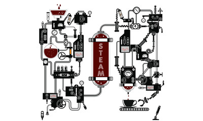 steampunk machinery engineer robotic composition fantastic device isolated, steampunk poster template are applicable for using on shirt design poster cddvd cover skate desk