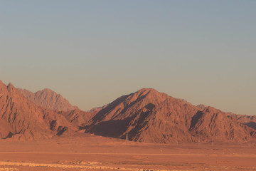 Spectacular aerial view of the holy summit of Mount Sinai, Aka Jebel Musa, 2285 meters, at sunrise, Sinai Peninsula in Egypt