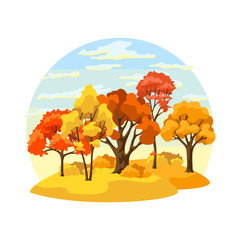 Autumn background with landscape and stylized trees.