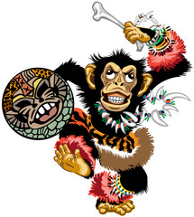 cartoon chimp ape or chimpanzee monkey the African shaman dancing with a drum and wearing jewelry. Emotion of trance ritual dance. Front view isolated vector illustration