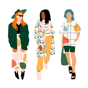 Three ladies dressed in trendy clothes standing in various poses. Fashion look.  Female faceless characters. Hand drawn colored vector set. All elements are isolated