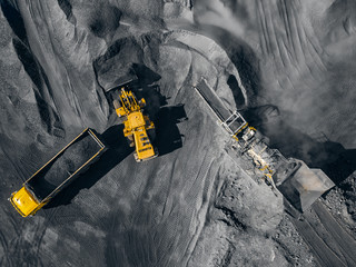 Open pit mine, extractive industry for coal, top view aerial drone