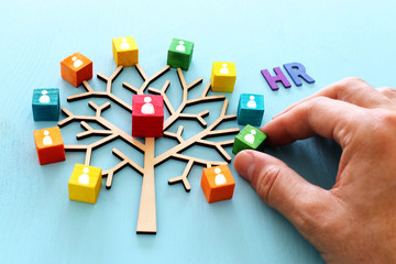 Business image of wooden tree with people icons over blue table, human resources and management...