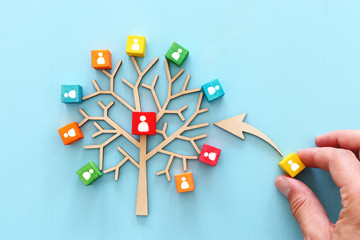 Business image of wooden tree with people icons over blue table, human resources and management...