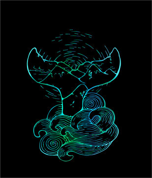 Neon illustration of a whale's tail disappearing into the sea wave. Graphics, sun, mountain. Idea for tattoo.