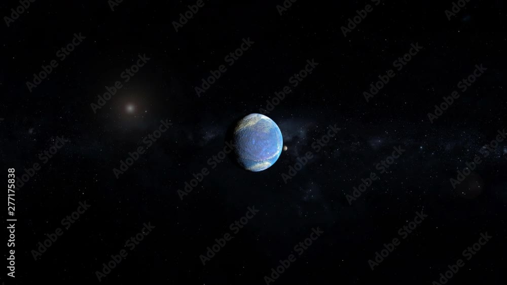 Wall mural approaching exoplanet in outer space rotating with two satellite moons, fictional new world. contain