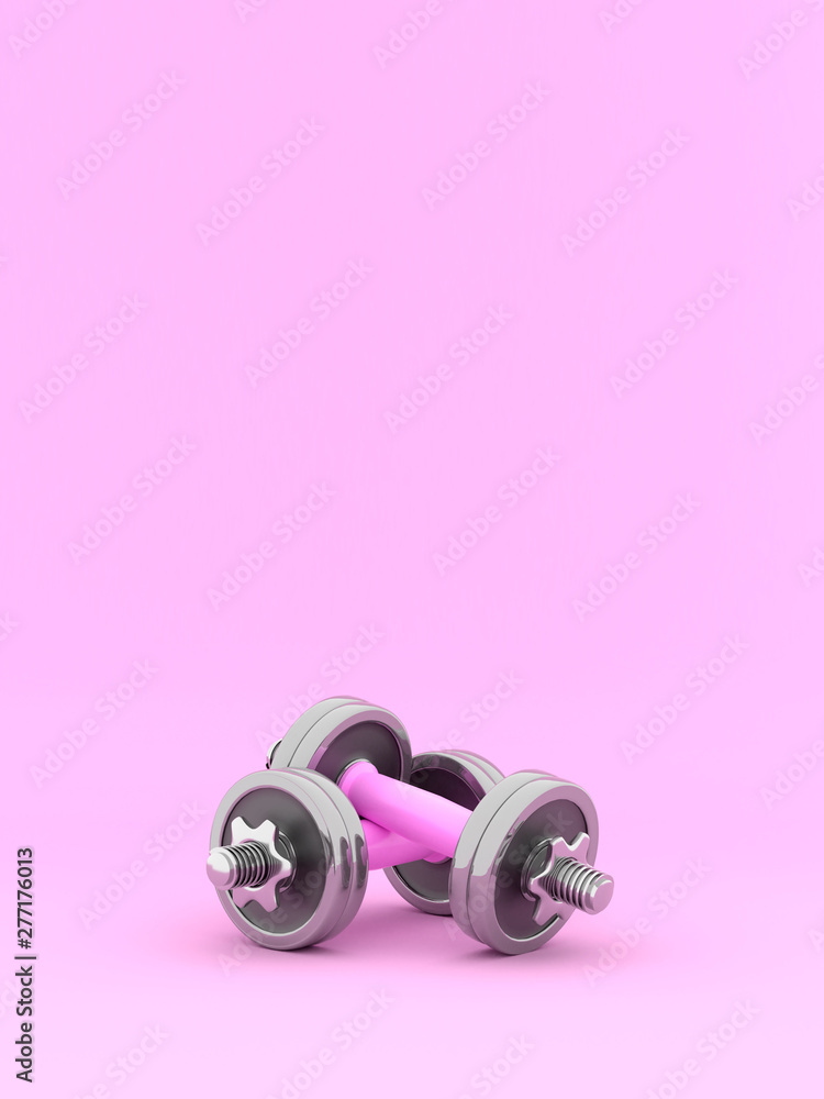 Poster two shiny iron isolated dumbbells. 3d rendering