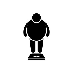 Fat man on the scales. Overweight icon. Vector illustration.