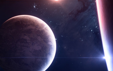 Double star system. Planets of deep space  red and blue stars. Science fiction. Elements of this...