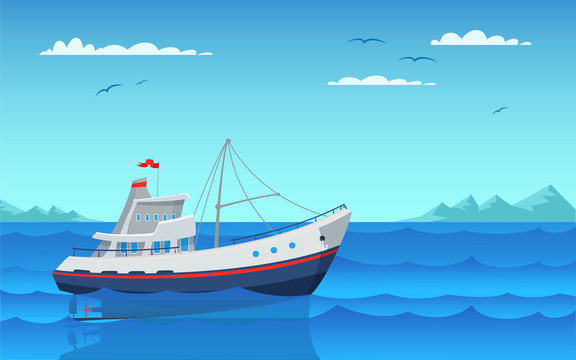 Modern fishing boat flat vector illustration