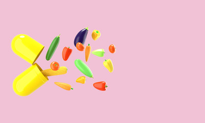 Fresh vegetables fly out of the pill. Conceptual illustration of nutritional supplements with empty space for text. 3D rendering.